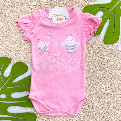 Kit 3 Peças - Bodys Manga Curta Abelha Fofa com Tule - Rosa, Off White e Rose